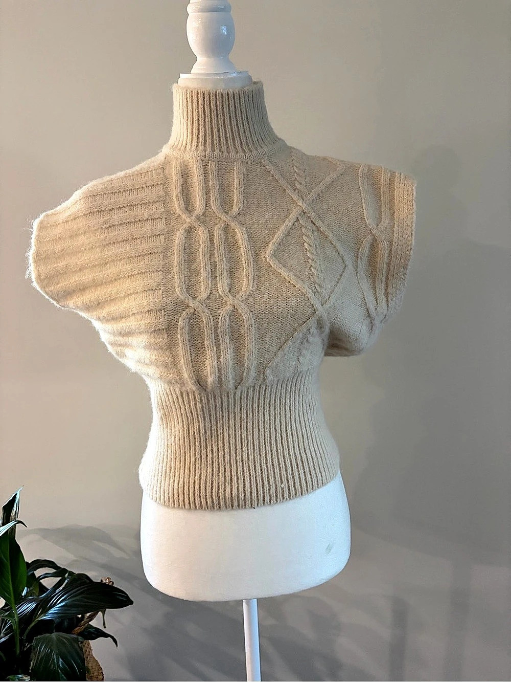Zara High Neck Knit Vest Cable Knit Turtleneck Cream XS
